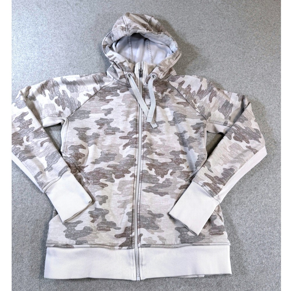 Athleta Camo Full Zip Hoodie Womens Medium Beige Gray Fleece Lined Thumbholes